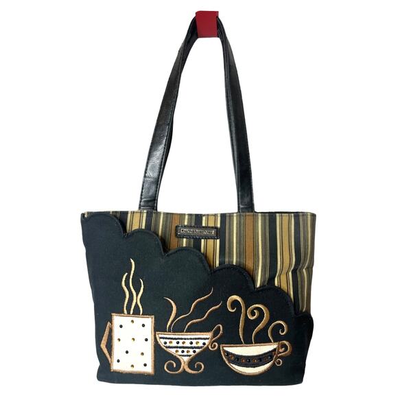 Longaberger Handbag Shoulder Bag Coffee Cup Themed Purse Black Brown Gold Vtg - Picture 1 of 8